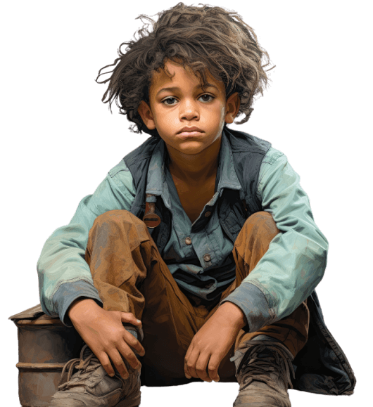 Young boy sitting in worn clothes