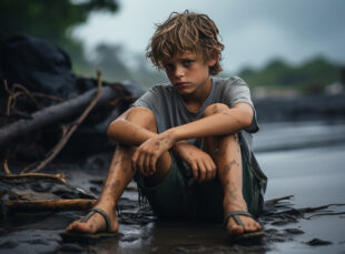 Sad muddy boy sitting on wet beach
