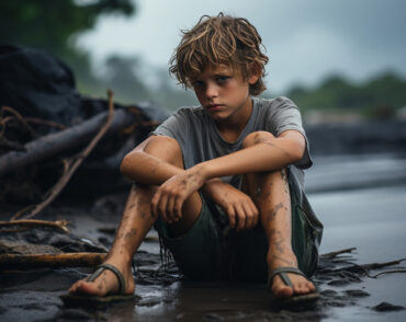 Sad muddy boy sitting on wet beach