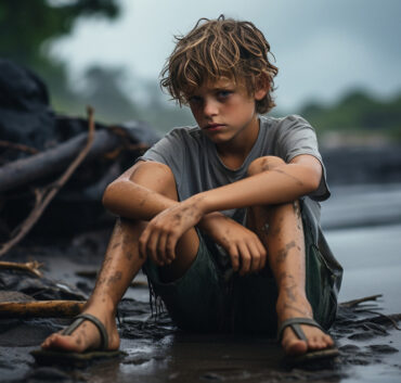 Sad muddy boy sitting on wet beach