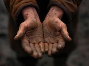 Cupped dirty hands showing palms