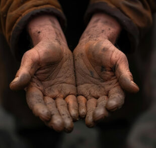 Cupped dirty hands showing palms