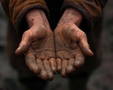 Cupped dirty hands showing palms