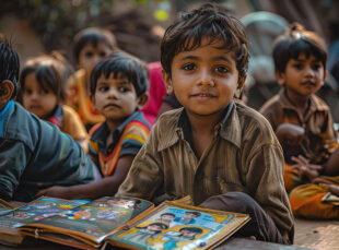 Smiling child sitting with open picture books