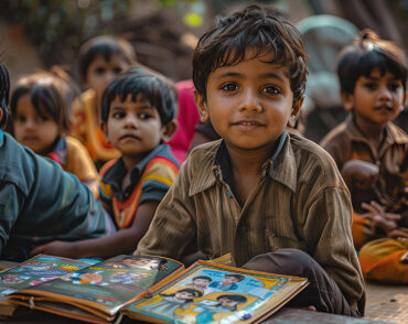 Smiling child sitting with open picture books