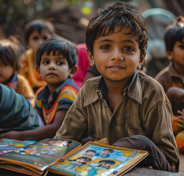 Smiling child sitting with open picture books